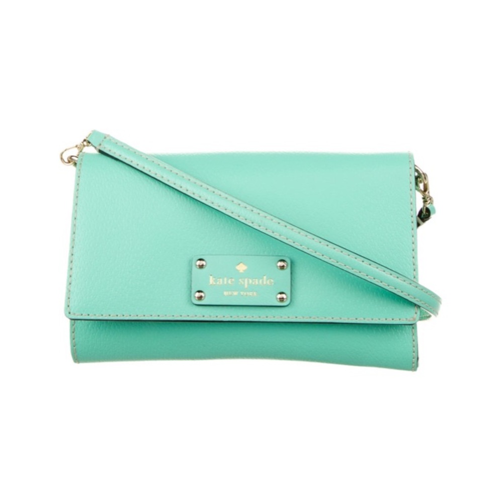Kate Spade Saffiano Leather Gold Hardware Crossbody Clutch Bag In Teal Blue